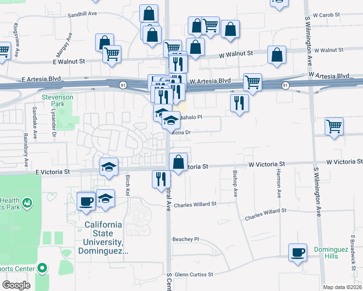 map of restaurants, bars, coffee shops, grocery stores, and more near 1395 Reliance in Carson