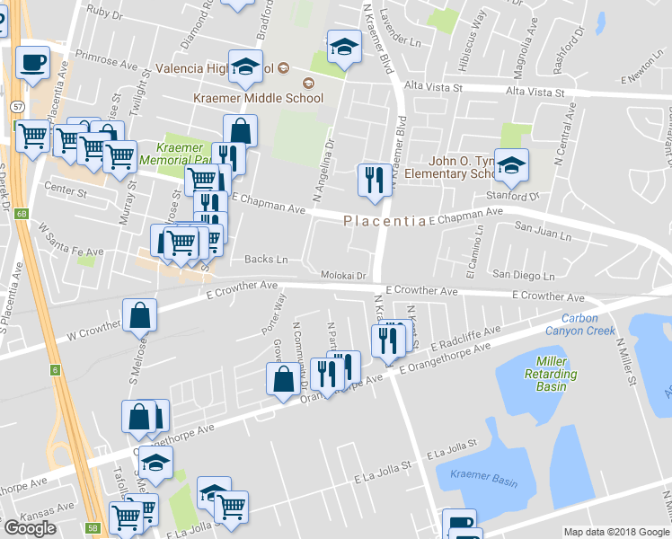 map of restaurants, bars, coffee shops, grocery stores, and more near 314 Molokai Drive in Placentia