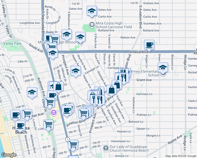 map of restaurants, bars, coffee shops, grocery stores, and more near 1546 Stanford Avenue in Redondo Beach