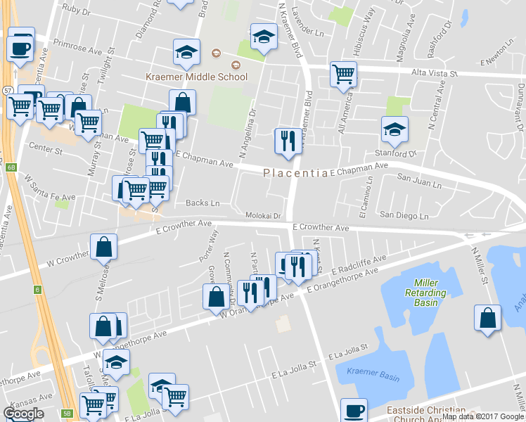 map of restaurants, bars, coffee shops, grocery stores, and more near 3059 East Cardinal Street in Anaheim