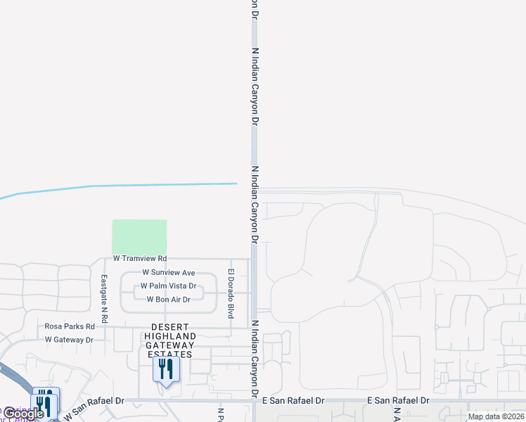 map of restaurants, bars, coffee shops, grocery stores, and more near 103 Mustang Lane in Palm Springs