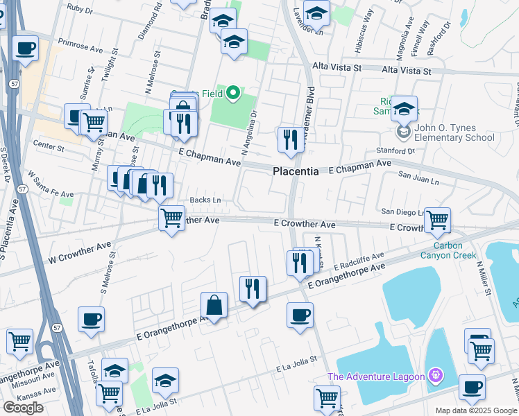 map of restaurants, bars, coffee shops, grocery stores, and more near 314 Molokai Drive in Placentia