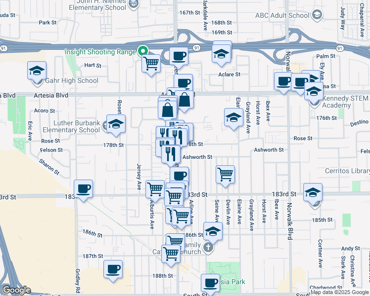 map of restaurants, bars, coffee shops, grocery stores, and more near 11827 Ashworth Street in Artesia
