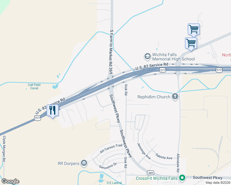 map of restaurants, bars, coffee shops, grocery stores, and more near 6763-6799 Southwest Pkwy in Wichita Falls