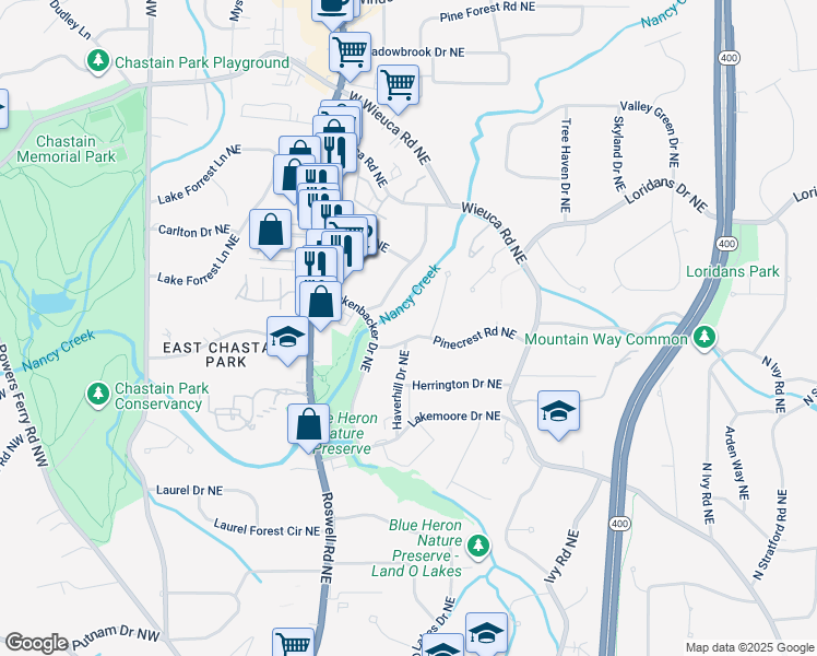 map of restaurants, bars, coffee shops, grocery stores, and more near 321 Pinecrest Road Northeast in Atlanta