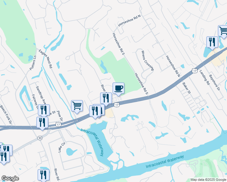 map of restaurants, bars, coffee shops, grocery stores, and more near 4237 River Hills Drive in Little River