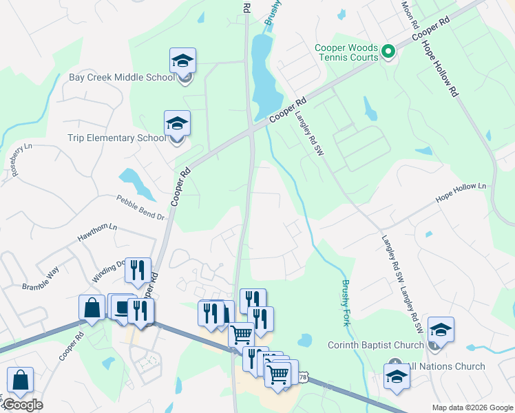 map of restaurants, bars, coffee shops, grocery stores, and more near 2818 Rosebud Road Southwest in Loganville