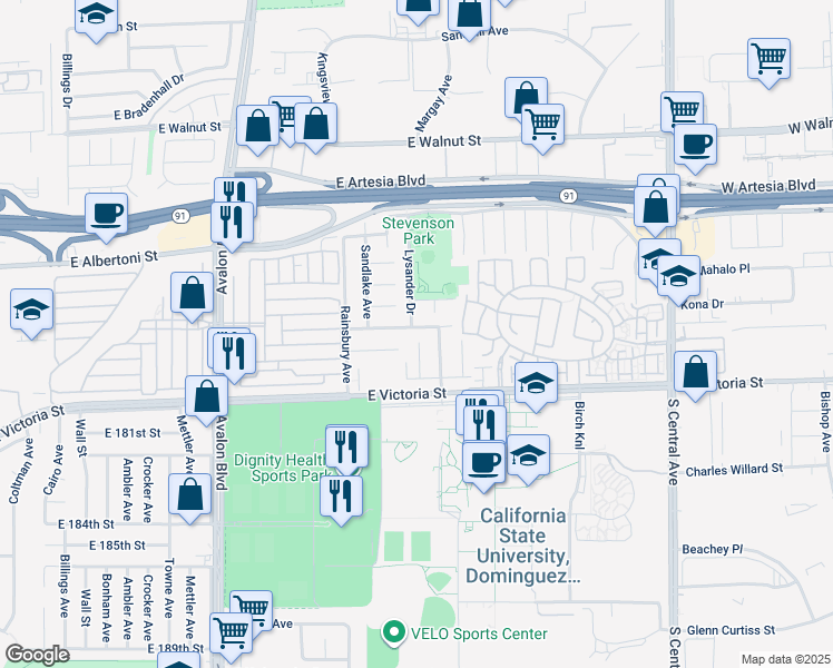map of restaurants, bars, coffee shops, grocery stores, and more near 902 East Meadbrook Street in Carson