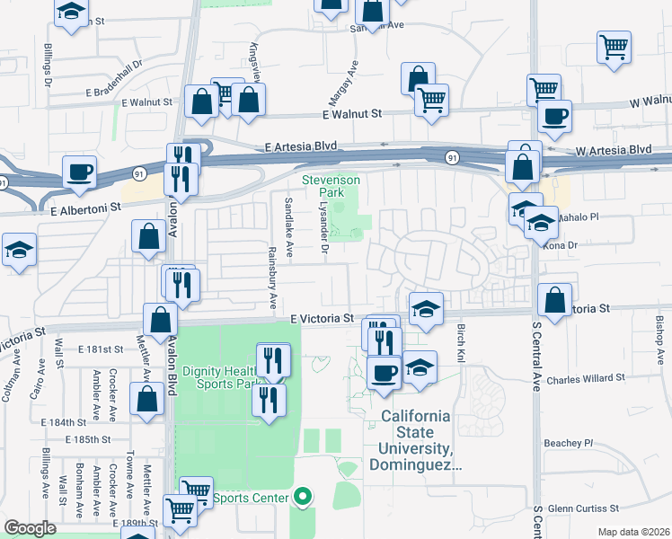map of restaurants, bars, coffee shops, grocery stores, and more near 17819 Lysander Drive in Carson