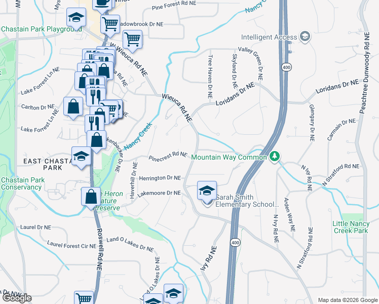 map of restaurants, bars, coffee shops, grocery stores, and more near 415 Pinecrest Road Northeast in Atlanta