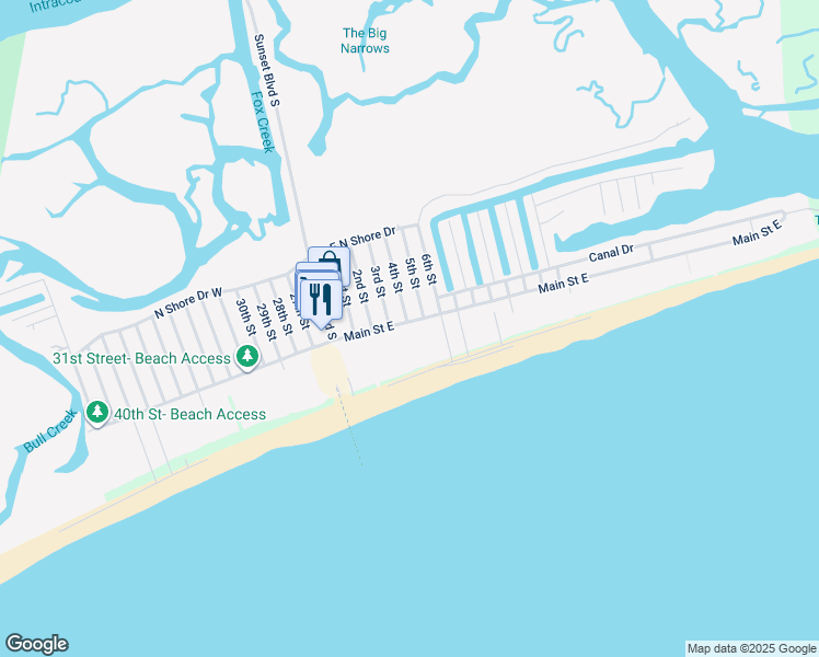map of restaurants, bars, coffee shops, grocery stores, and more near 402 Main Street East in Sunset Beach