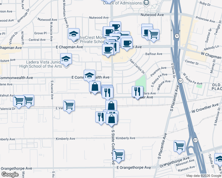 map of restaurants, bars, coffee shops, grocery stores, and more near 2334 East Santa Fe Avenue in Fullerton
