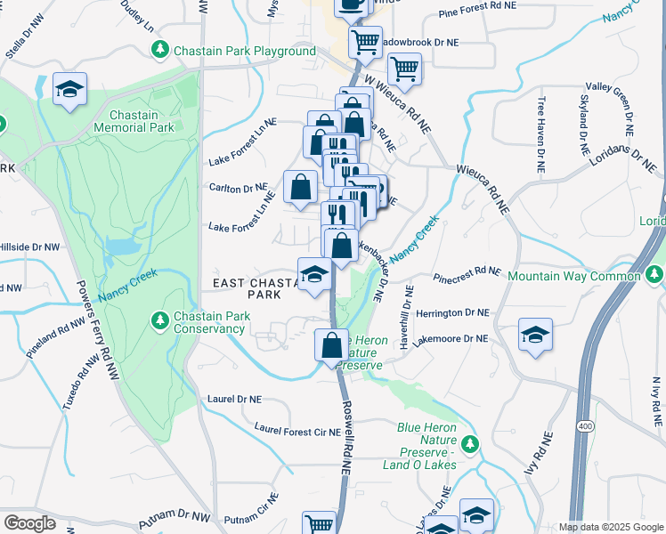 map of restaurants, bars, coffee shops, grocery stores, and more near Roswell Road in Atlanta