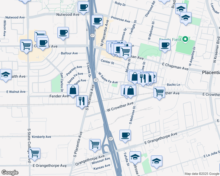 map of restaurants, bars, coffee shops, grocery stores, and more near 341 Monterey Way in Placentia