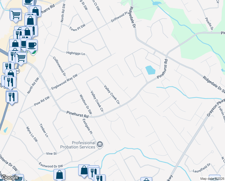 map of restaurants, bars, coffee shops, grocery stores, and more near 2188 Valley Creek Cir in Snellville