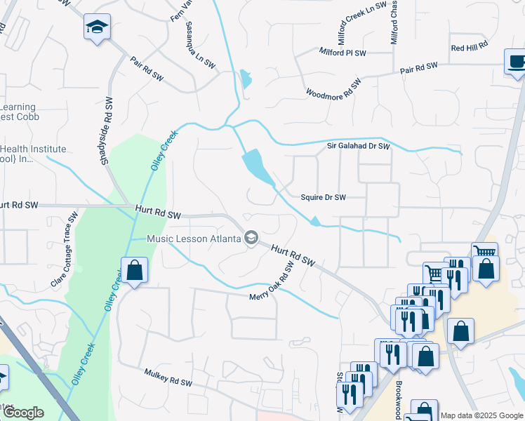 map of restaurants, bars, coffee shops, grocery stores, and more near 1830 Killarney Drive Southwest in Marietta