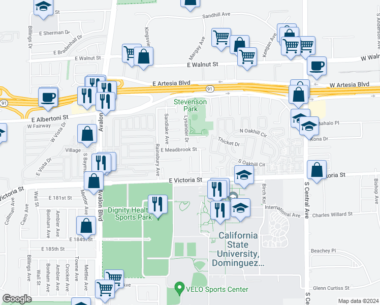 map of restaurants, bars, coffee shops, grocery stores, and more near 902 East Meadbrook Street in Carson