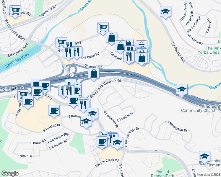 map of restaurants, bars, coffee shops, grocery stores, and more near 8482 East Amberwood Street in Anaheim