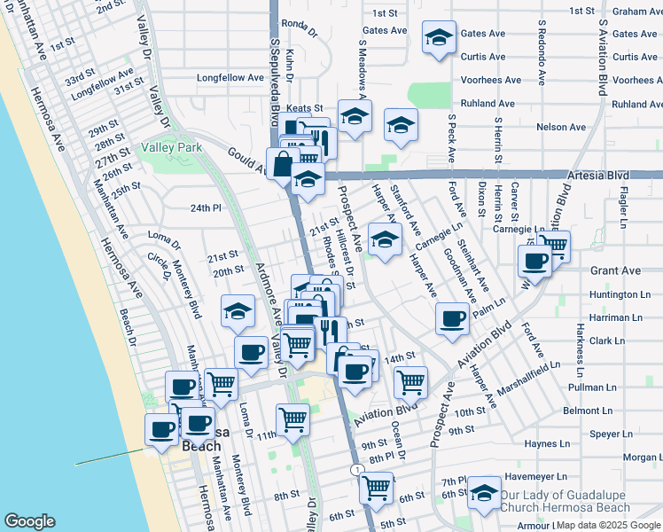 map of restaurants, bars, coffee shops, grocery stores, and more near 825 18th Street in Hermosa Beach