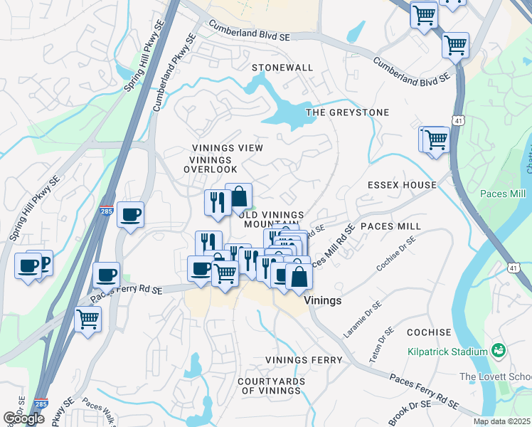 map of restaurants, bars, coffee shops, grocery stores, and more near 2859 Paces Ferry Road Southeast in Atlanta