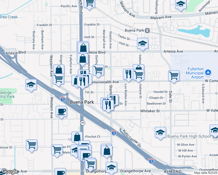 map of restaurants, bars, coffee shops, grocery stores, and more near 6281 Stanton Avenue in Buena Park