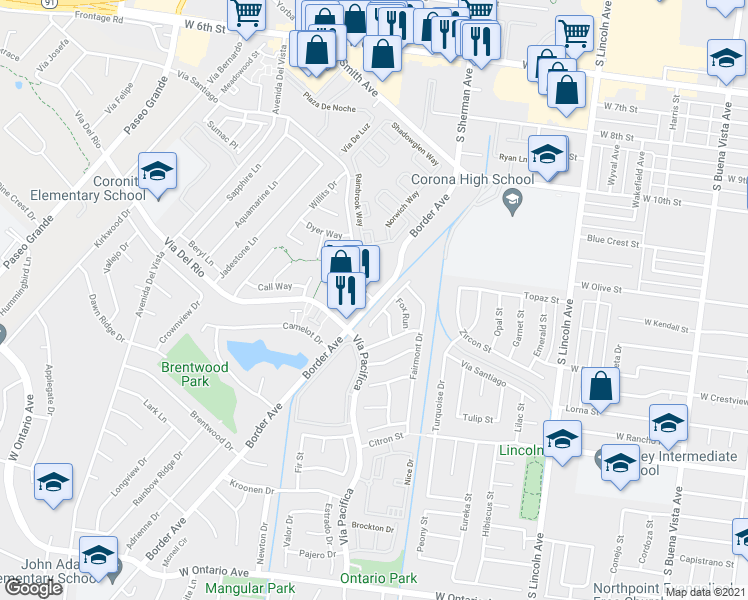 map of restaurants, bars, coffee shops, grocery stores, and more near Border Avenue & Vía Santiago in Corona