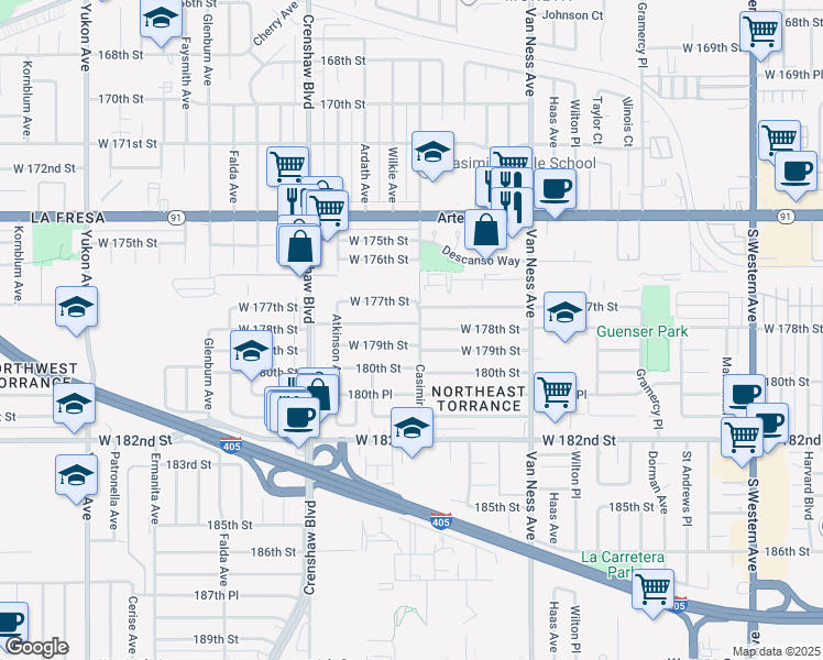 map of restaurants, bars, coffee shops, grocery stores, and more near 2618 West 179th Street in Torrance