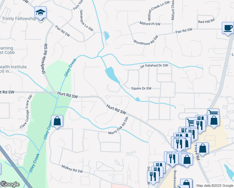map of restaurants, bars, coffee shops, grocery stores, and more near 3510 Baroney Lane Southwest in Marietta