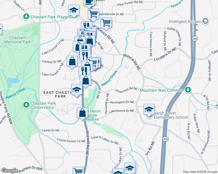 map of restaurants, bars, coffee shops, grocery stores, and more near 321 Pinecrest Road Northeast in Atlanta