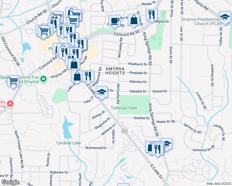 map of restaurants, bars, coffee shops, grocery stores, and more near 1042 Oakdale Drive in Smyrna