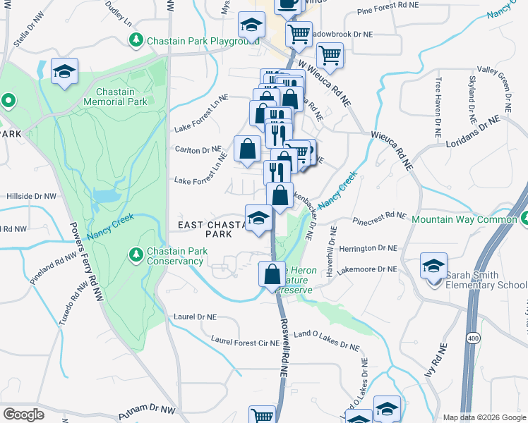 map of restaurants, bars, coffee shops, grocery stores, and more near 4186 Roswell Road Northeast in Atlanta