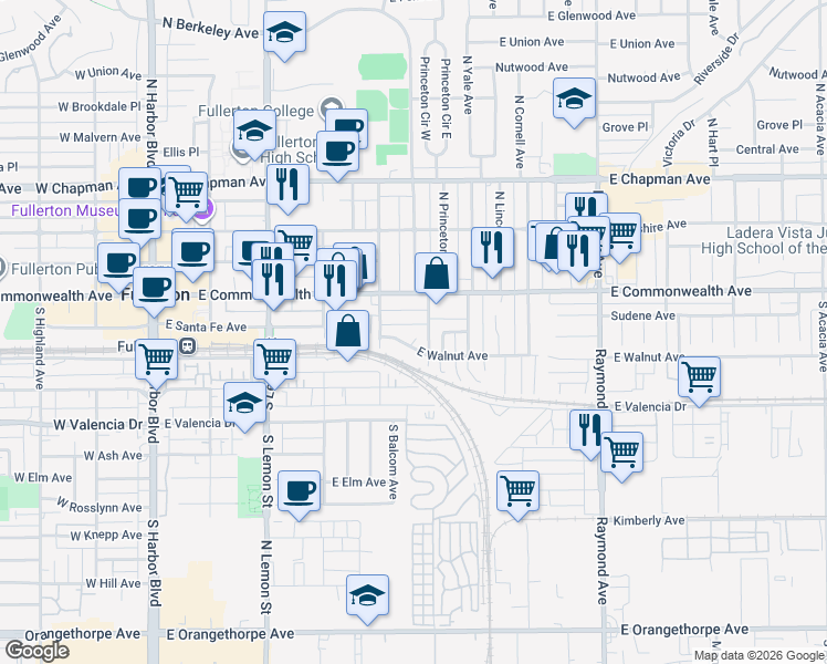 map of restaurants, bars, coffee shops, grocery stores, and more near 145 South Princeton Avenue in Fullerton