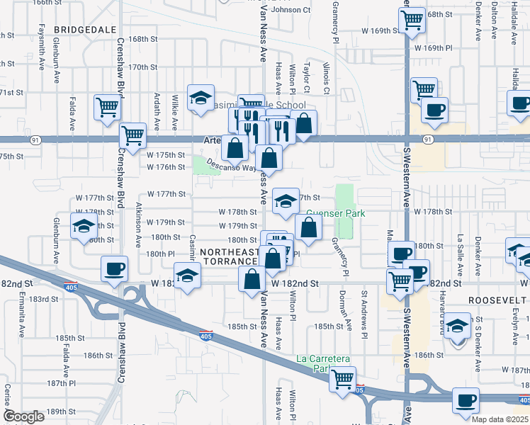 map of restaurants, bars, coffee shops, grocery stores, and more near 17800 Van Ness Avenue in Torrance