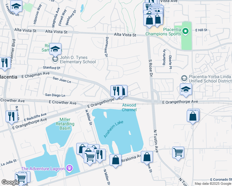 map of restaurants, bars, coffee shops, grocery stores, and more near 3448 East Orangethorpe Avenue in Anaheim
