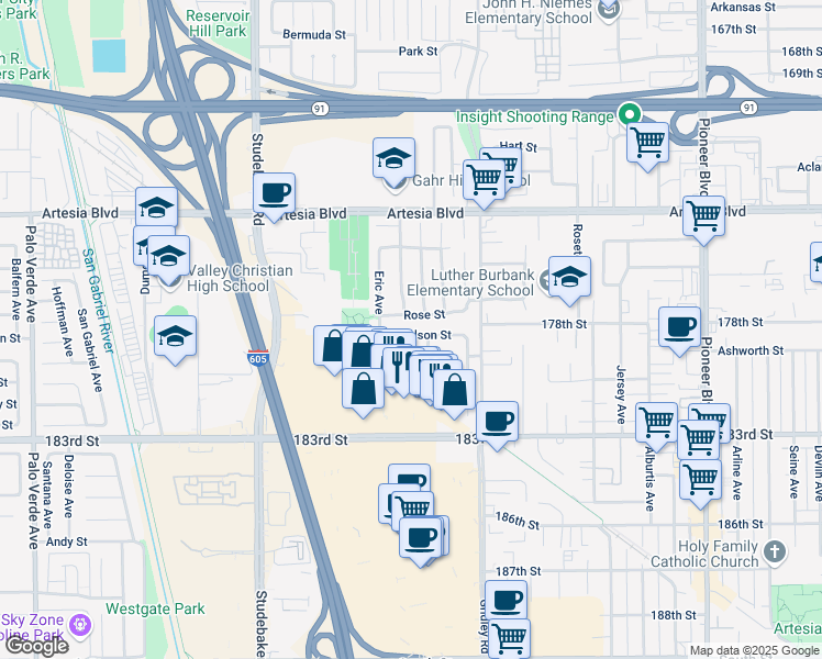 map of restaurants, bars, coffee shops, grocery stores, and more near 11316 Michelle Street in Cerritos