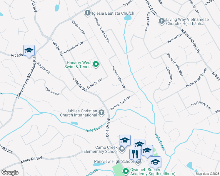 map of restaurants, bars, coffee shops, grocery stores, and more near 4646 Silversmith Cove Southwest in Lilburn