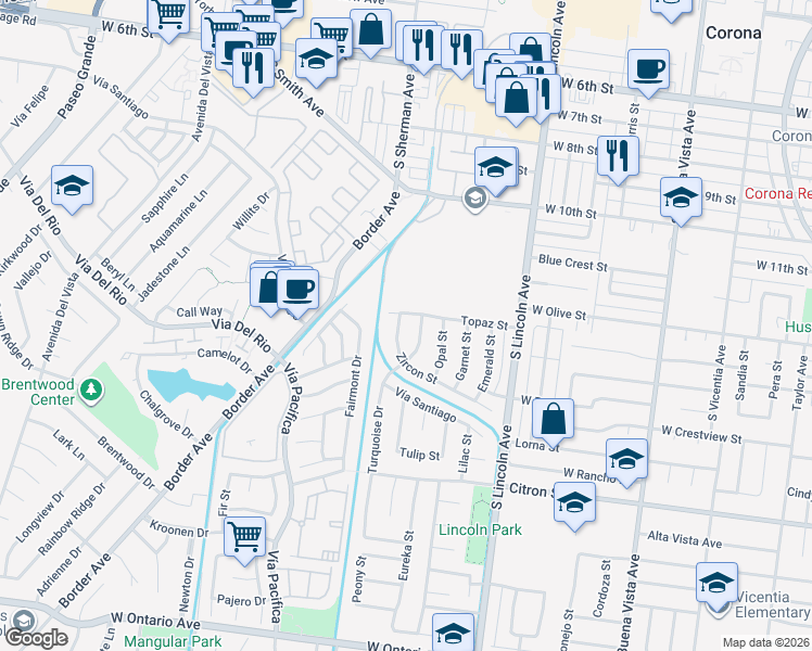 map of restaurants, bars, coffee shops, grocery stores, and more near 1187 Zircon Street in Corona