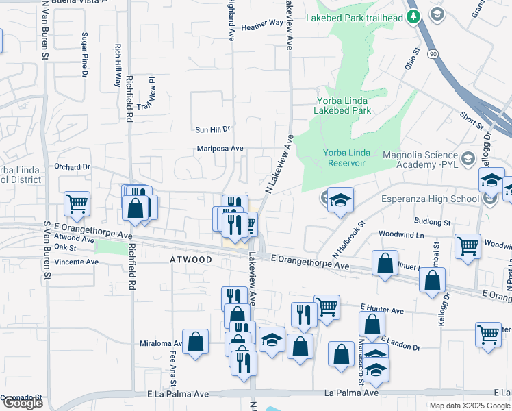 map of restaurants, bars, coffee shops, grocery stores, and more near 101 South Lakeview Avenue in Anaheim