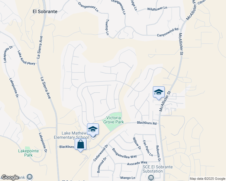 map of restaurants, bars, coffee shops, grocery stores, and more near 17261 Woodentree Lane in Riverside