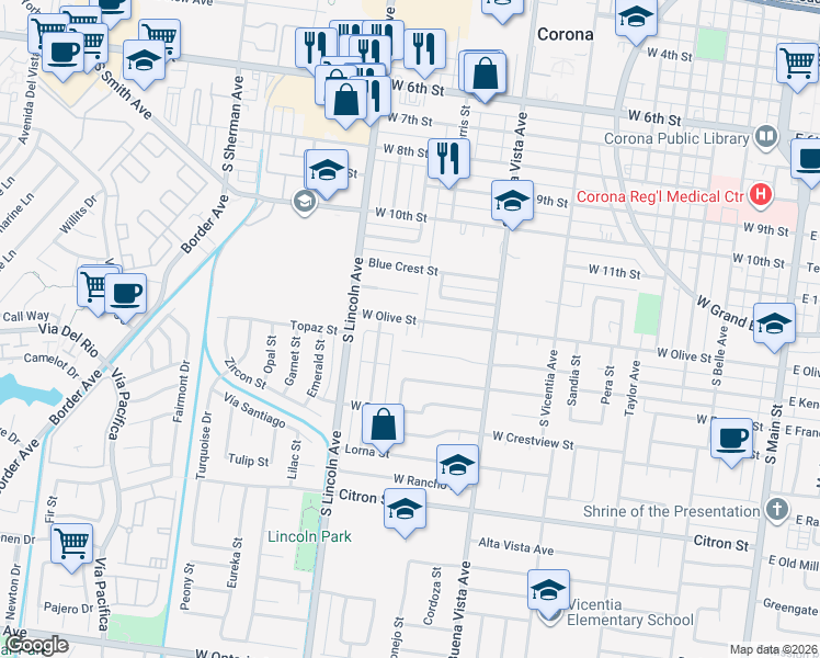map of restaurants, bars, coffee shops, grocery stores, and more near 1005 West Kendall Street in Corona