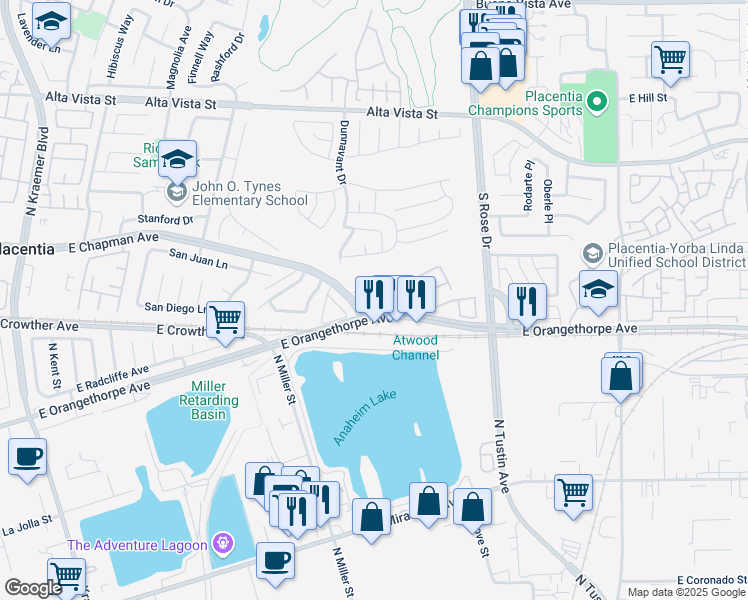 map of restaurants, bars, coffee shops, grocery stores, and more near 3448 East Orangethorpe Avenue in Anaheim