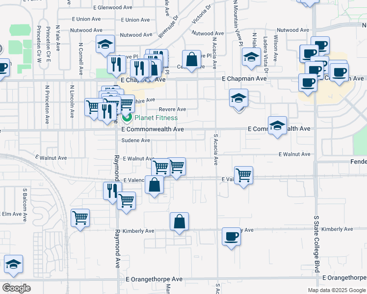 map of restaurants, bars, coffee shops, grocery stores, and more near 228 South Annin Avenue in Fullerton