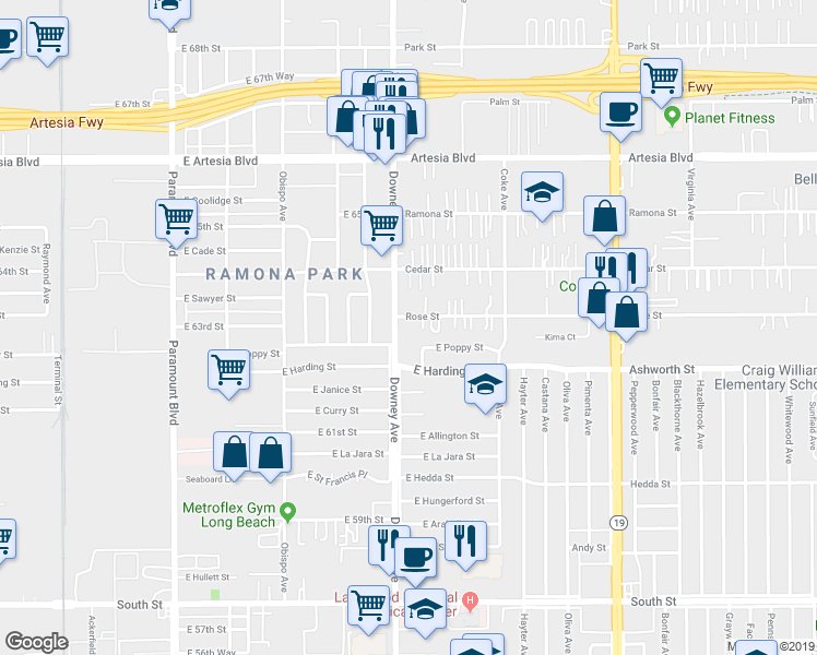 map of restaurants, bars, coffee shops, grocery stores, and more near 6231 Verdura Avenue in Long Beach
