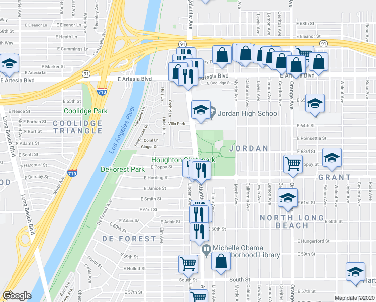 map of restaurants, bars, coffee shops, grocery stores, and more near 6255 Atlantic Avenue in Long Beach