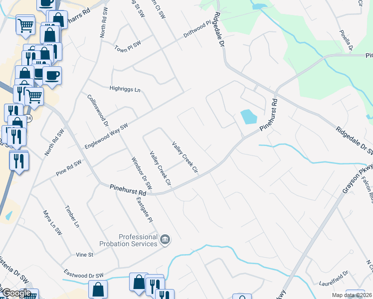 map of restaurants, bars, coffee shops, grocery stores, and more near 2188 Valley Creek Circle in Snellville