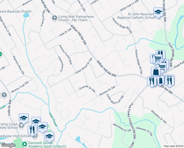 map of restaurants, bars, coffee shops, grocery stores, and more near 819 Bradford Court Southwest in Lilburn