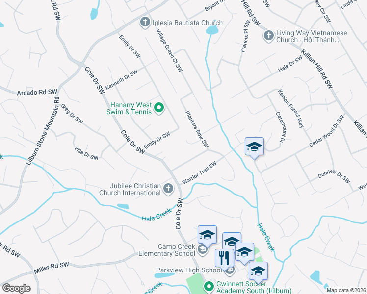 map of restaurants, bars, coffee shops, grocery stores, and more near 4646 Silversmith Cove Southwest in Lilburn