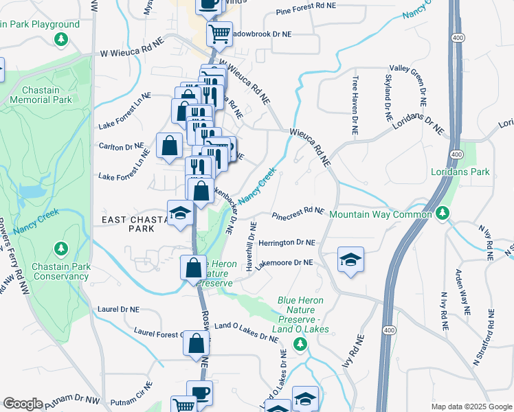 map of restaurants, bars, coffee shops, grocery stores, and more near 321 Pinecrest Road Northeast in Atlanta