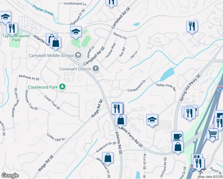 map of restaurants, bars, coffee shops, grocery stores, and more near 3385 Atlanta Road Southeast in Smyrna