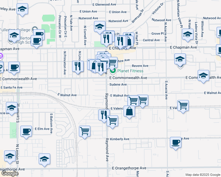 map of restaurants, bars, coffee shops, grocery stores, and more near 211 South Edgar Avenue in Fullerton